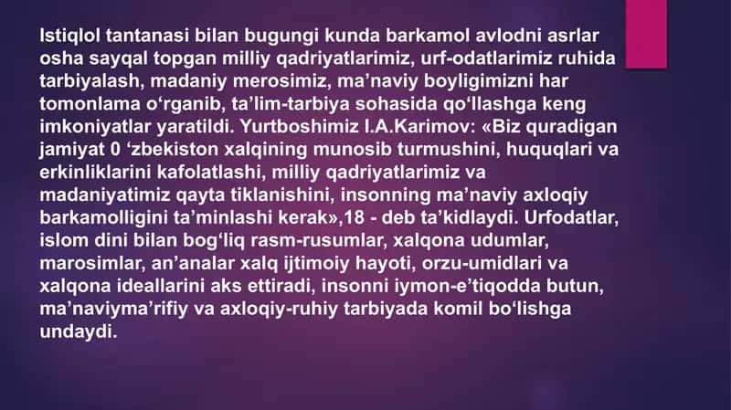 Xalq pedagogikasida milliy urf- odatlar, an’analar, udumlar, xalq o‘yinlari va o‘yinchoqlari, bayram va marosimlarning tarbiya vositasi sifatidagi o‘rni 3