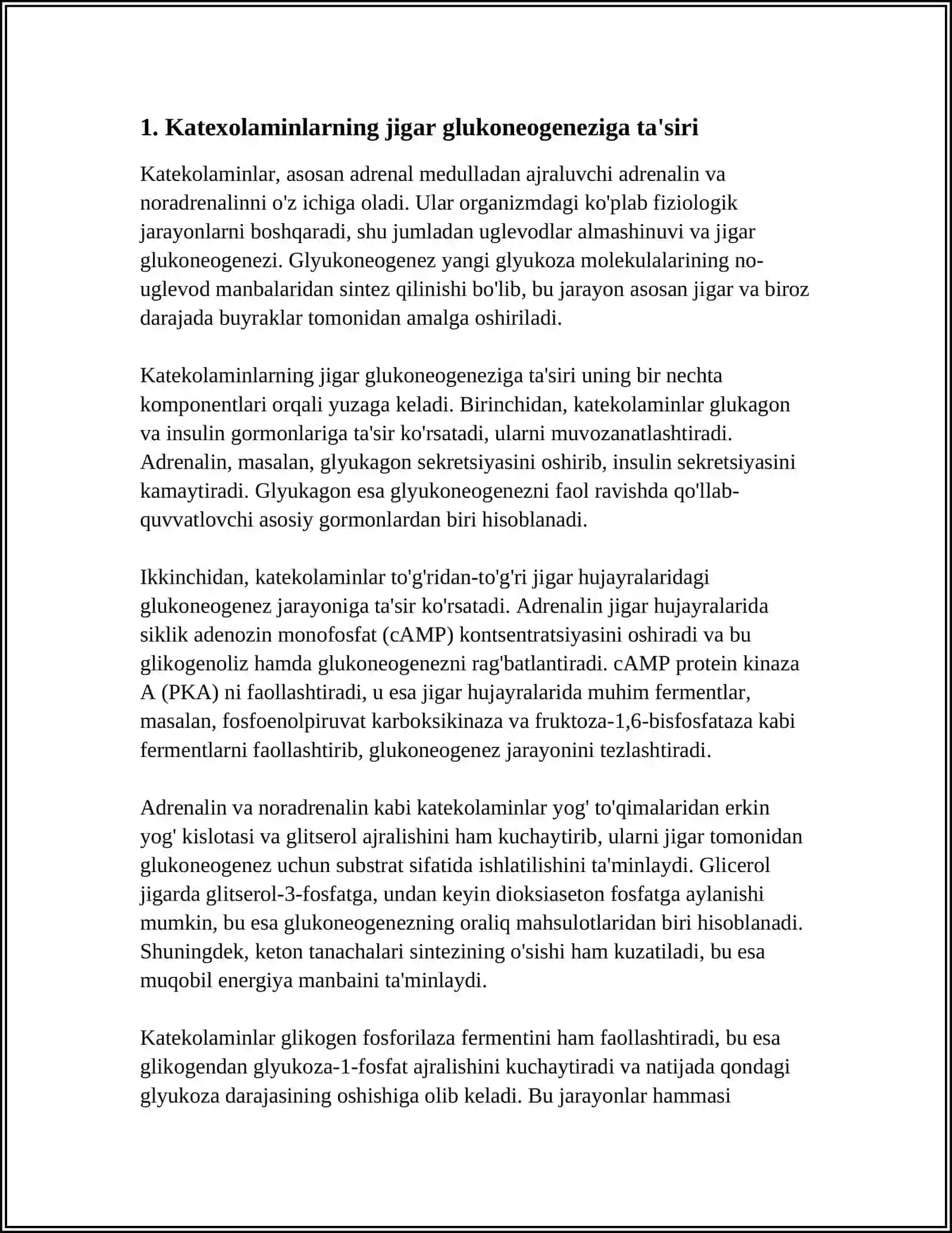 KATEXOLAMINLAR VA GLYUKOKORLIKOIDLARNING UGLEVODLAR ALMASHINUVIGA TA 'SIRI 3