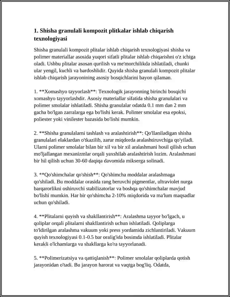 Shisha granulali kompozit plitkalar ishlash texnologiyasi 3