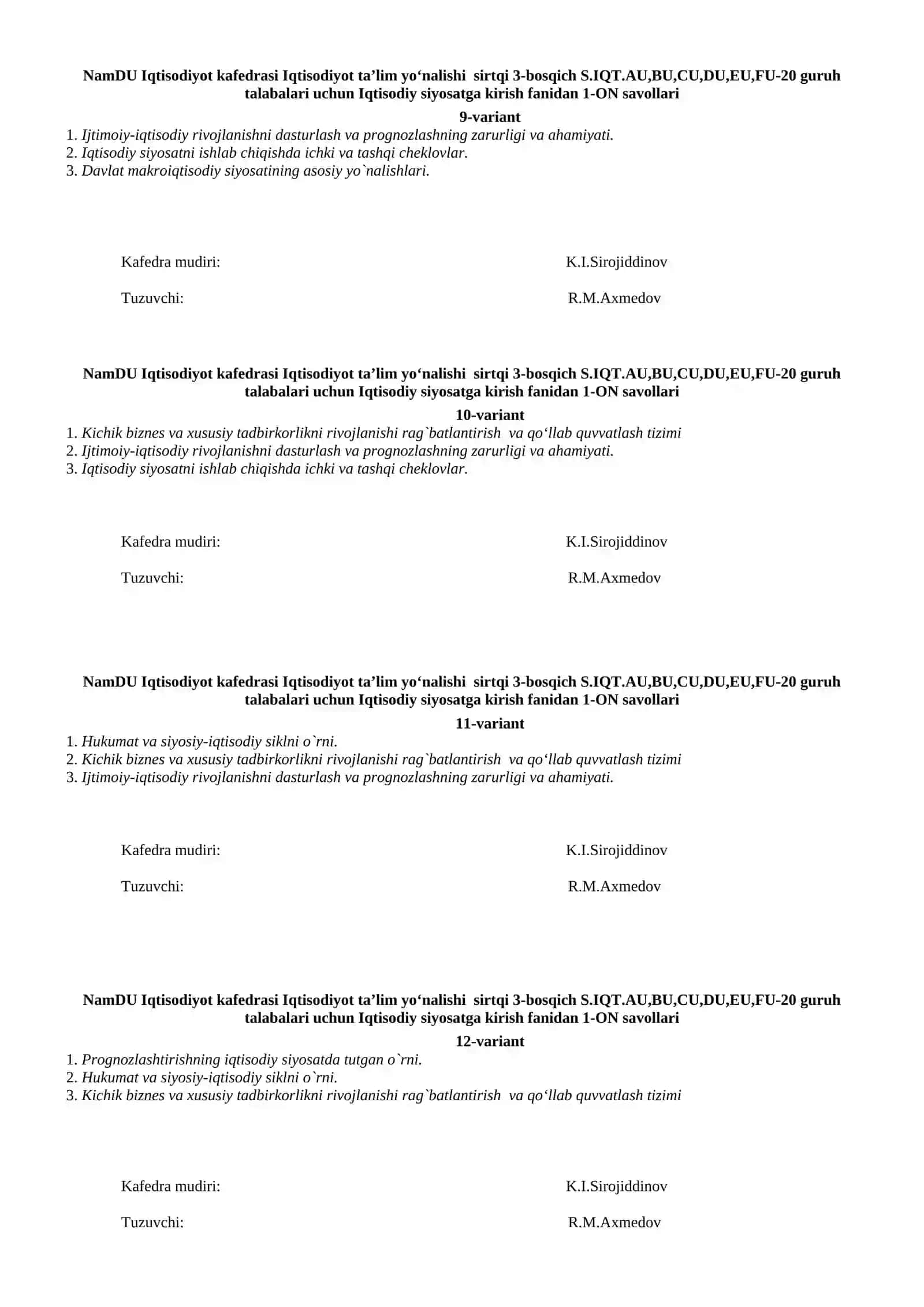 Iqtisodiy siyosatga kirish fanidan 1-ON savollari 3