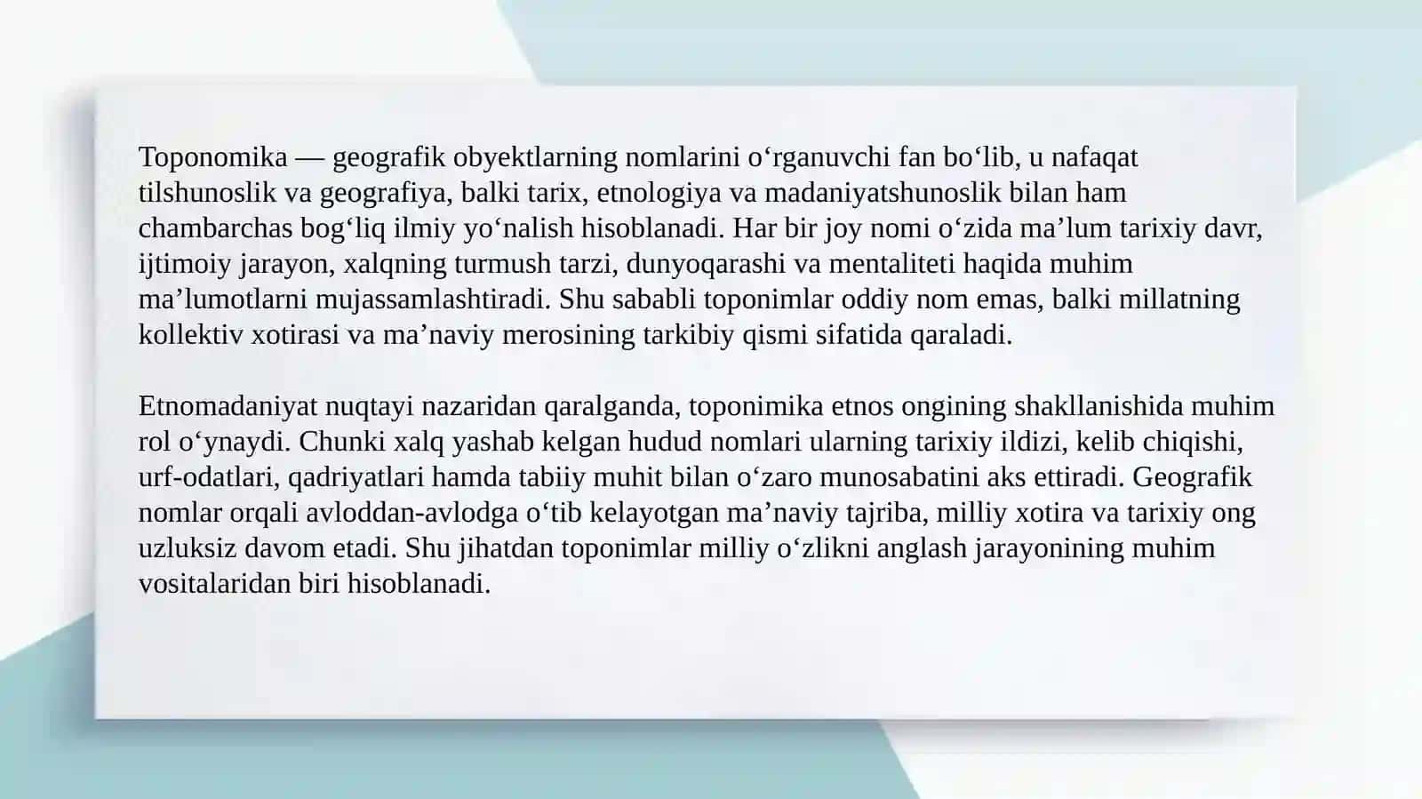 Toponomika — etnos ongining tarkibiy qismi slayd 3