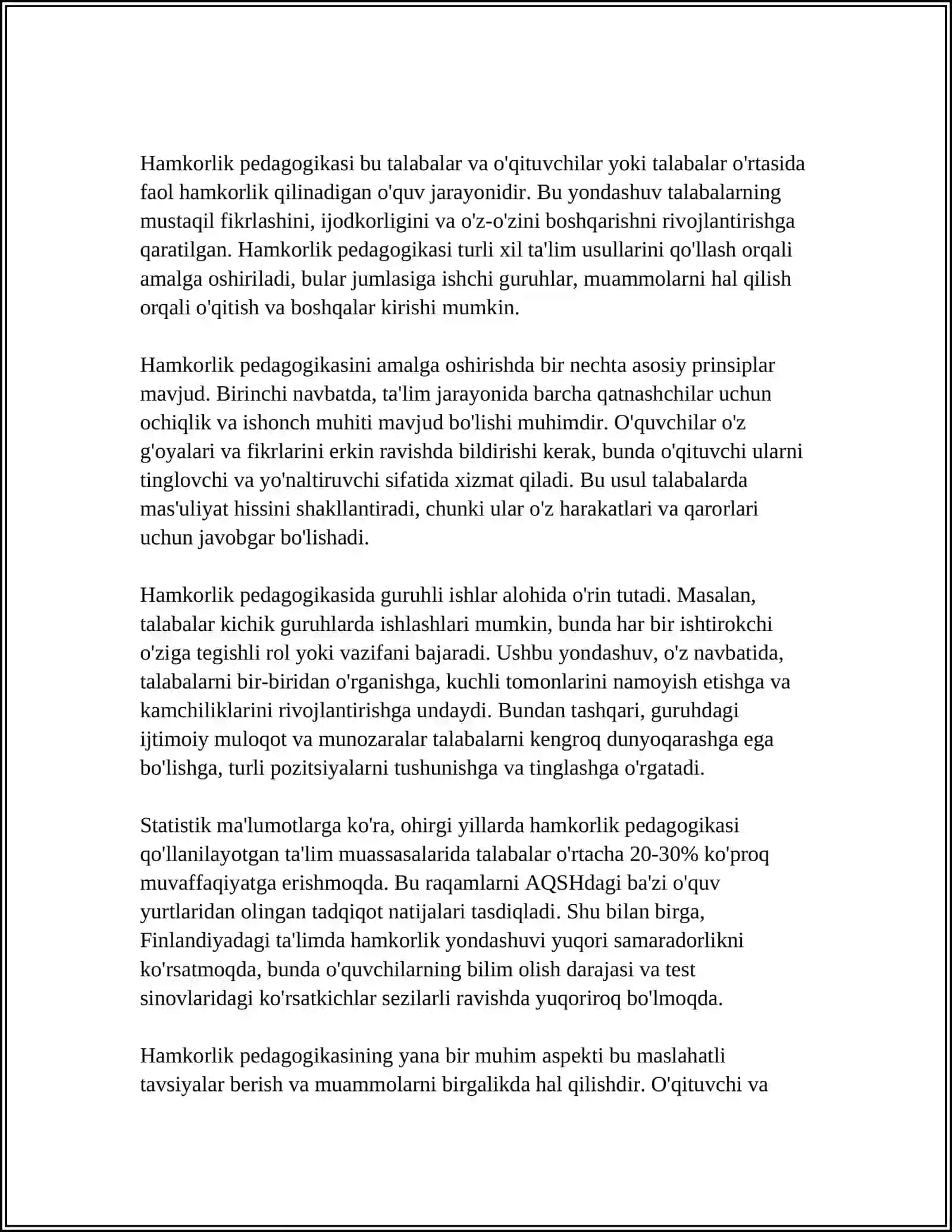 MUSTAQIL ISH Mavzu: HAMKORLIK PEDOGOGIKASINING KONTSEPTUAL GʻOYALARI 3
