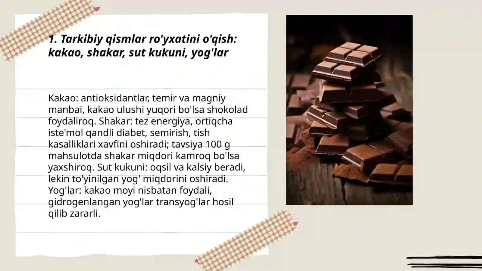 Oziq ovqat mahsulotlarini tarkibi foydali va zararli xususiyatini yorliqlar orqali o'rganish (shokolad) 3