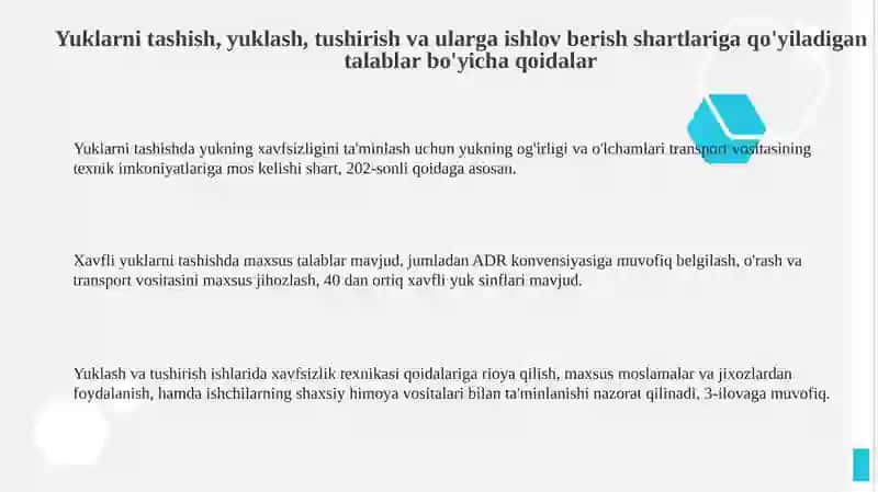 Yuklarni tashish, ortish, tushirish va qayta ishlash shartlari 3