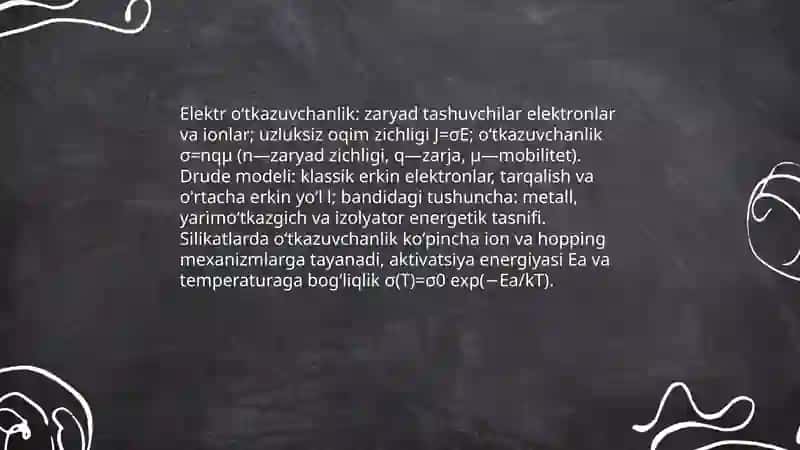 Elektr oʻtkazuvchanlikning nazariy asoslari va silikatlardagi xususiyatlari 3