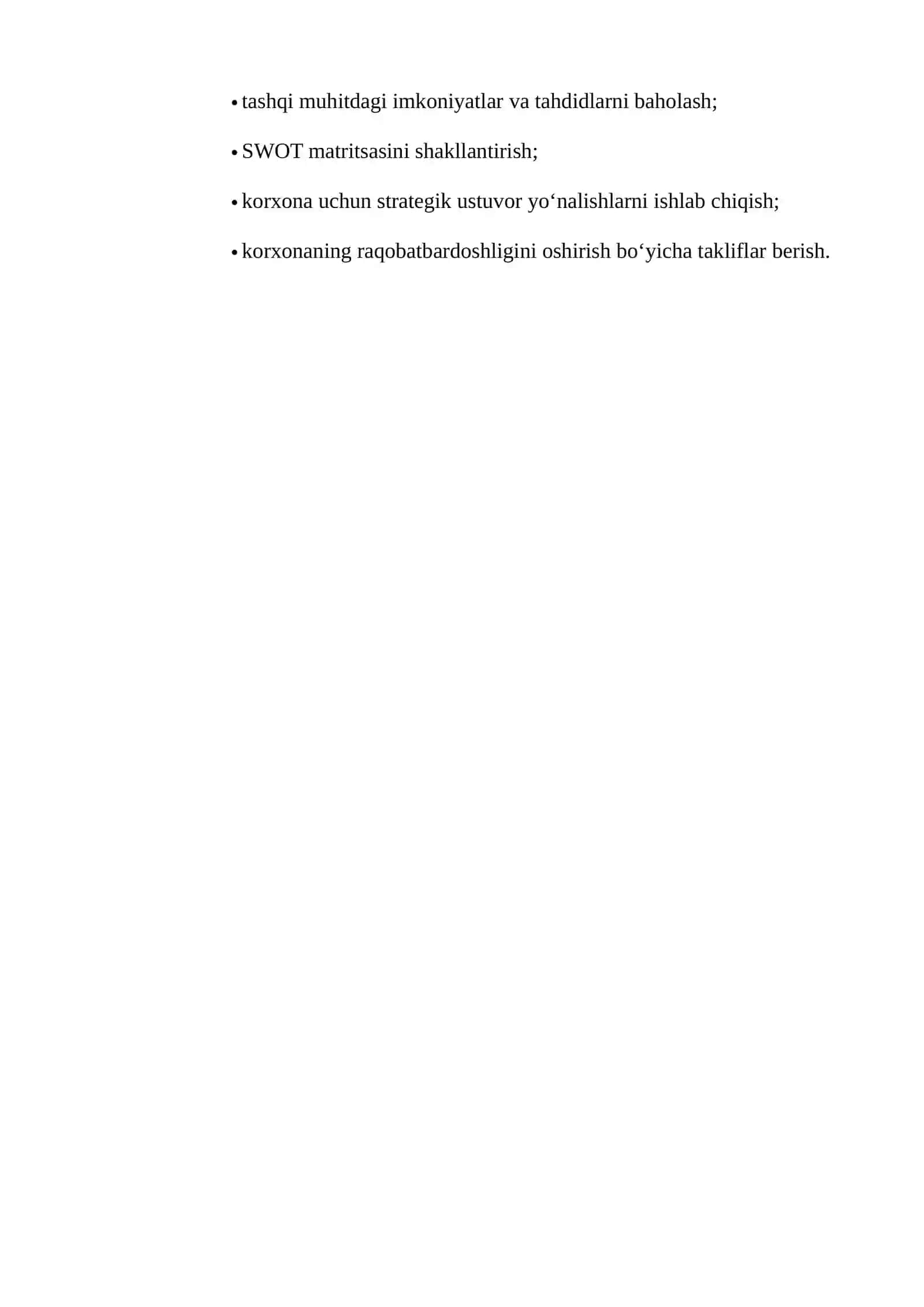TANLANGAN KORXONANING ICHKI VA TASHQI MUHITINI SWOT TAHLIL ASOSIDA BAHOLASH VA STRATEGIK USTUVORLIKNI ANIQLASH 3