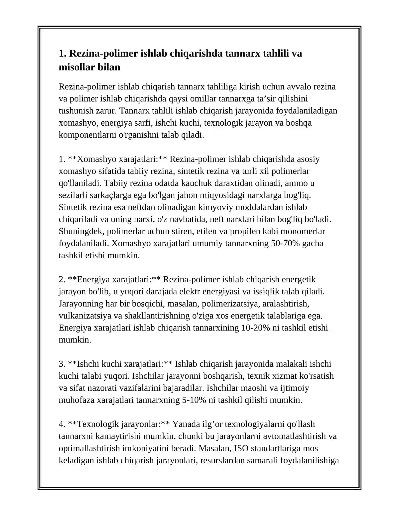 REZINA-POLIMER MATERIALLAR ISHLAB CHIQARISHNING IQTISODIY SAMARADORLIGI MISOLLAR BILAN 3
