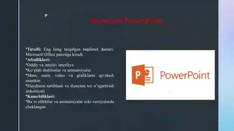 TAQDIMOT DASTURI( POWER POINT,PREZI,FOSUSKY,VA BOSHQALAR) 3