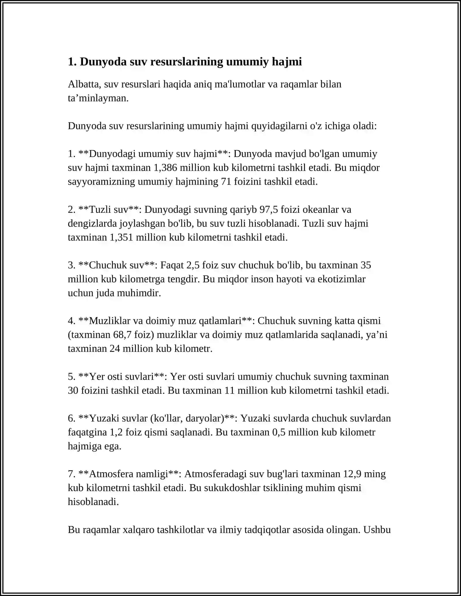 MUSTAQIL ISH Mavzu: DUNYODA VA OʻZBELISTON RESPUBLIKASIDA SUVNI ISHLATISH XAJMI 3