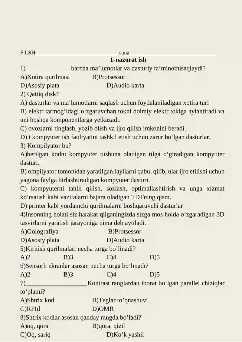 38-umumiy o’rta ta’lim maktabi Informatika va axborot texnologiyalari fanidan nazorat ish davri 3