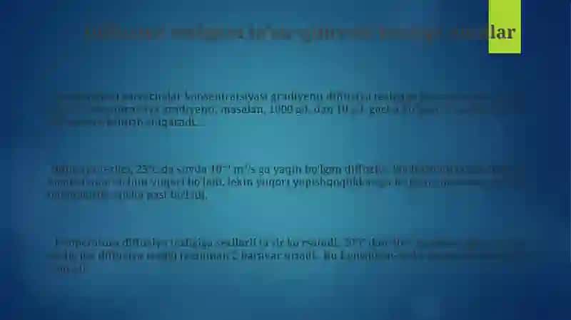 Kolloid eritmalardagi diffuziya tezligi bilan zarrachalarning oʻlchamlari orasidagi bogʻlanish 3