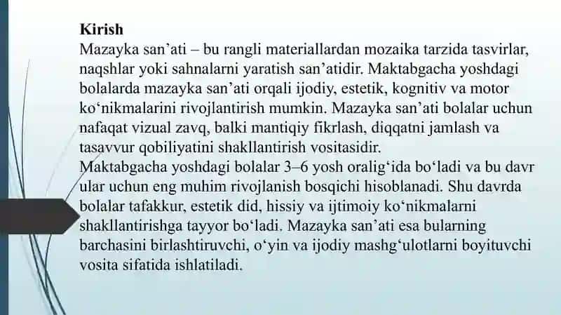 Maktabgacha talim tashkilotida mazayka san'atining ahamiyati 3