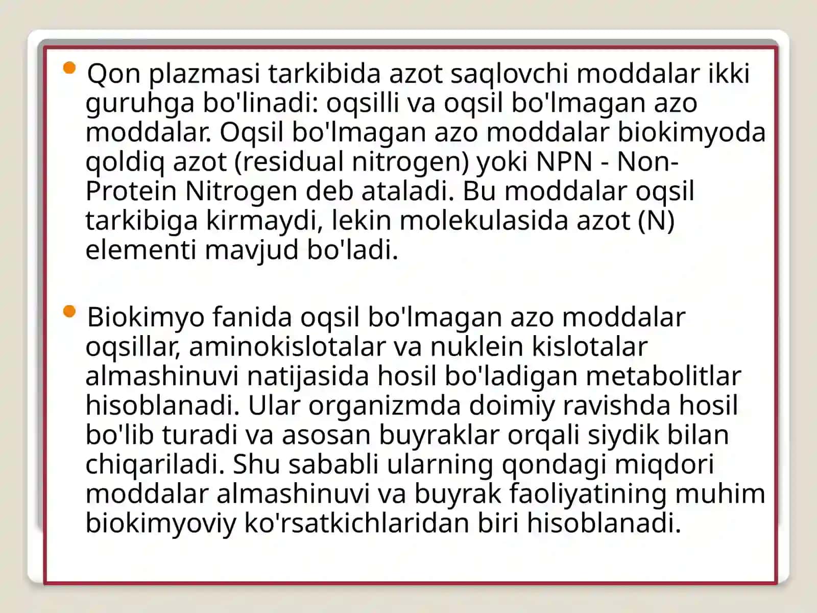 Qonning oqsil bo'lmagan azo moddalar 3