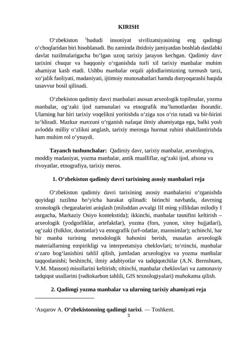 “O'zbekiston qadimiy davri manbalari” mavzusidagi 3