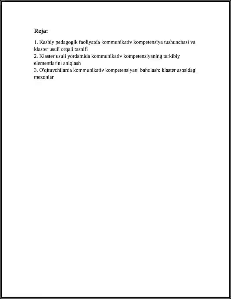 KASBIY PEDAGOKIK FAOLIYATDA KOMUNIKATIV KOMPETENSIYANING O'RNI MAVZUSINI KLASTER USULIDA TASNIFLASH 3