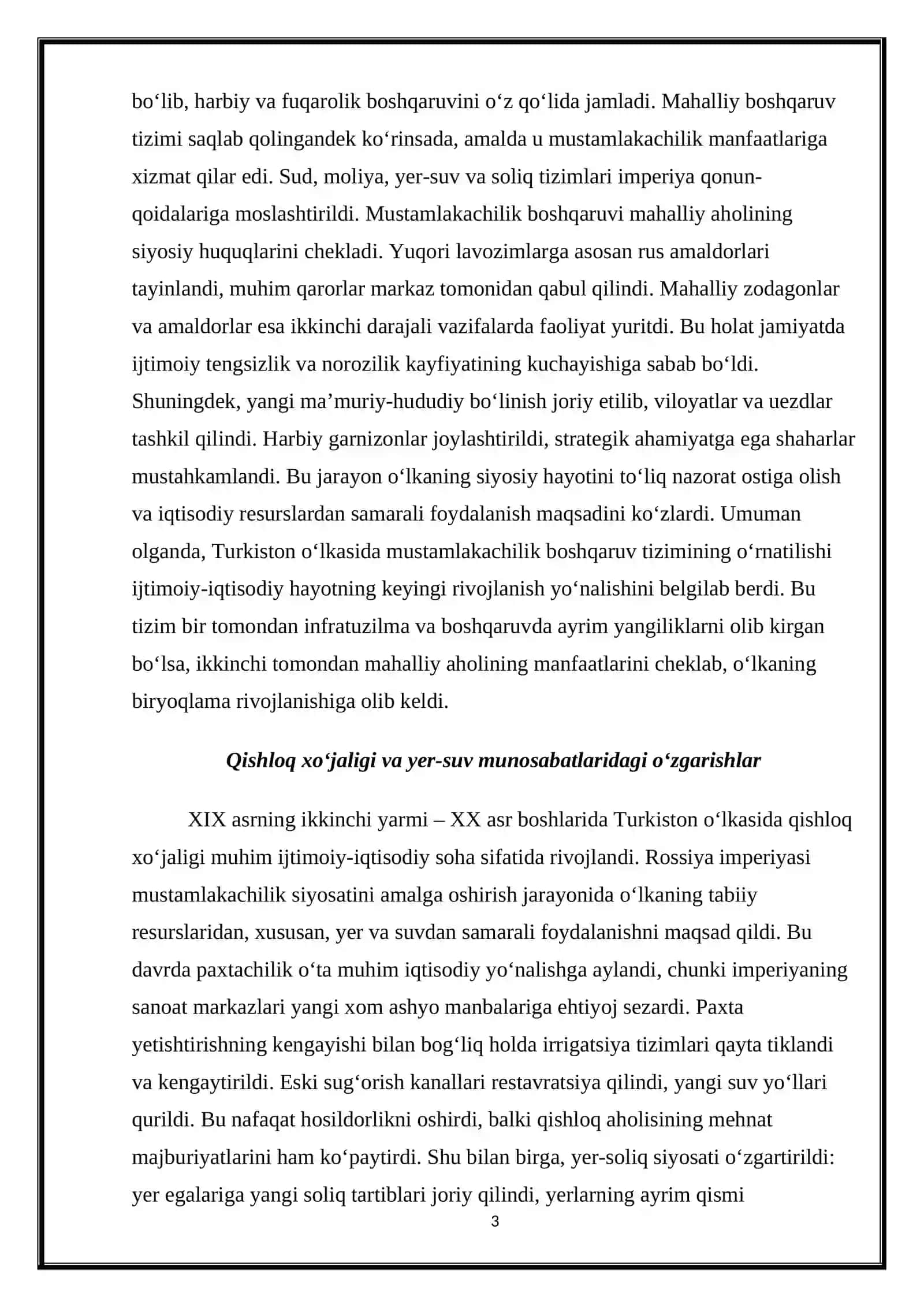 XIX asrning ikkinchi yarmi – XX asr boshlarida Turkiston o‘lkasidagi ijtimoiy-iqtisodiy hayot 3