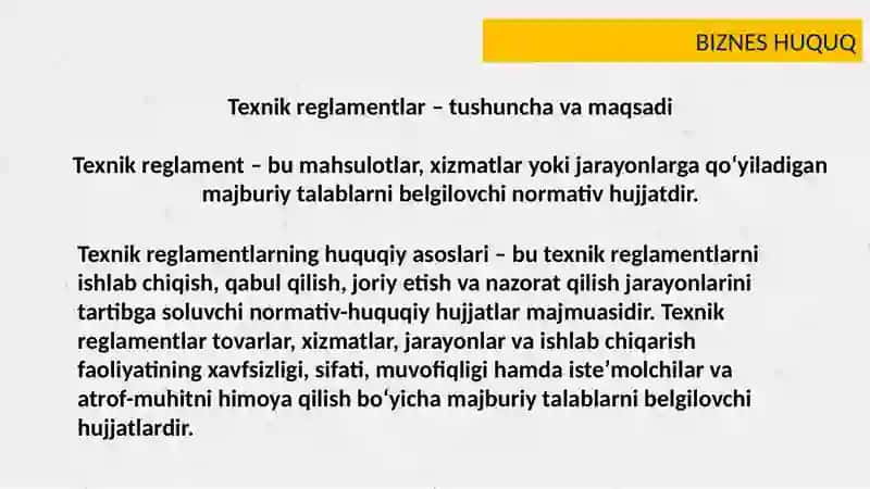 Texnik reglament maqsadi  mazmuni ishlab chiqish va  qabul qilish tartibi hamda texnik reglamentlarni qayta ko’rib chiqish yoki bekor qilishning o’ziga xos jihatlari 3