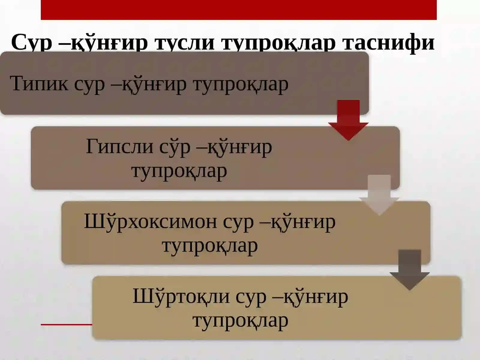 Гидроморф тупроқлар. Чўл зонаси тупроқлари. Сур –қўнғир тусли тупроқлар таснифи 3