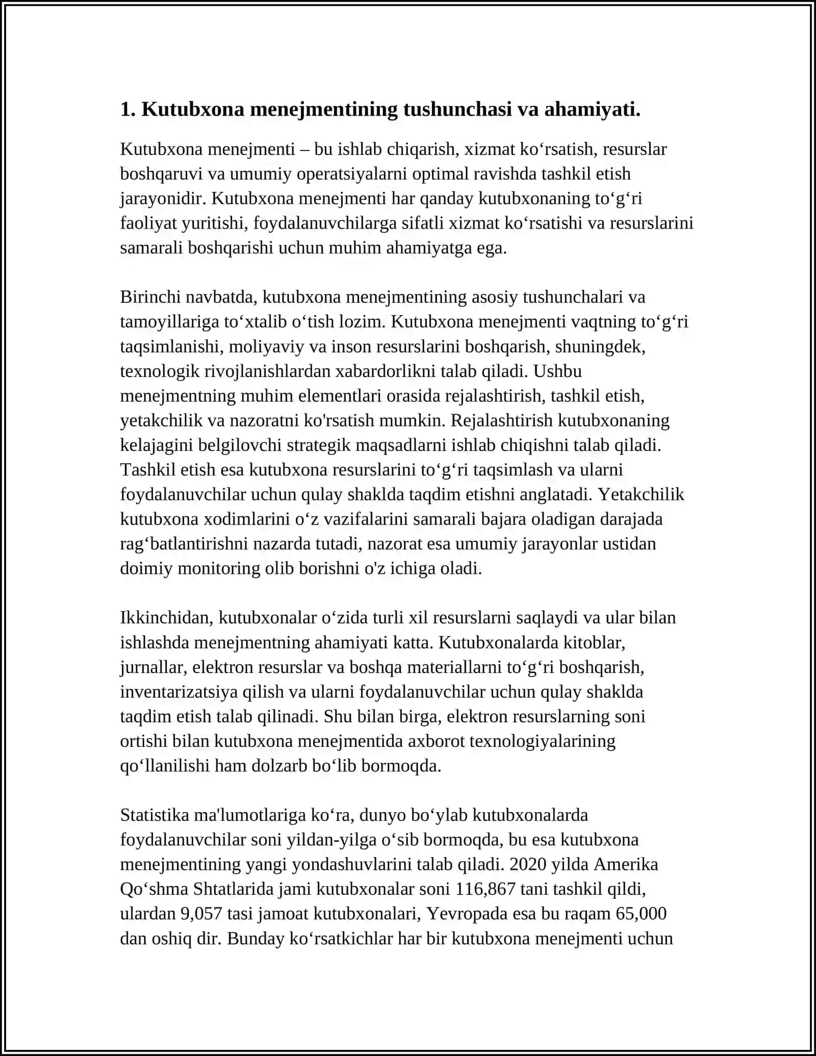 MUSTAQIL ISH Mavzu: KUTUBXONA BOSHQARUV (MENEJMENTI):ASOSIY TUSHUNCHALARI VA KATEGORIYALARI 3