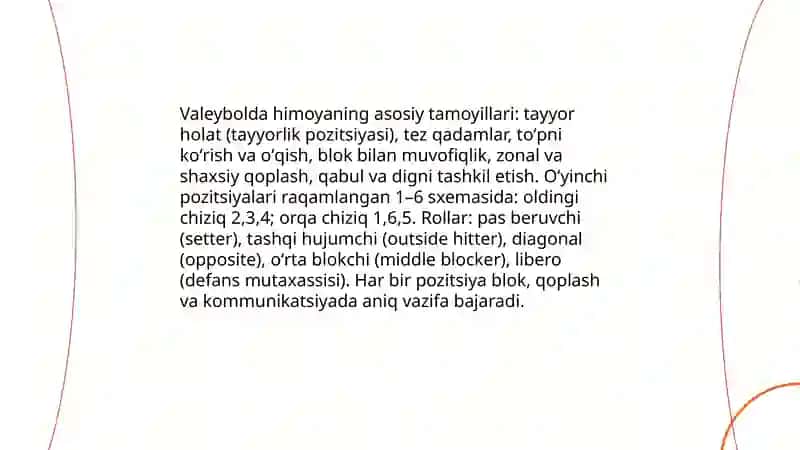 Voleybol himoya taktikasini oʻrgatish usullari, tamoyillari, vositalari 3
