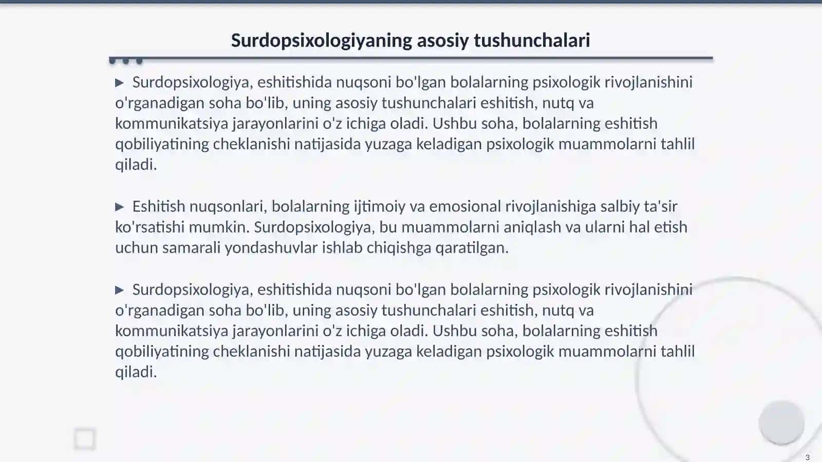 Surdopsixologiyaning nazariy asoslari Eshitishida nuqsoni bo'lgan bolalarning psixologik xususiyatlari 3