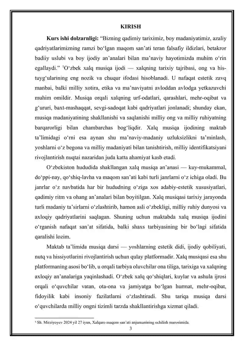 O‘zbek xalq musiqa ijodi fanining-ma’naviy qadriyatlarimizni yoshlar ongida shakllantirish va ularni milliy ruhda tarbiyalashdagi asosiy vazifasi va o‘rni. 3