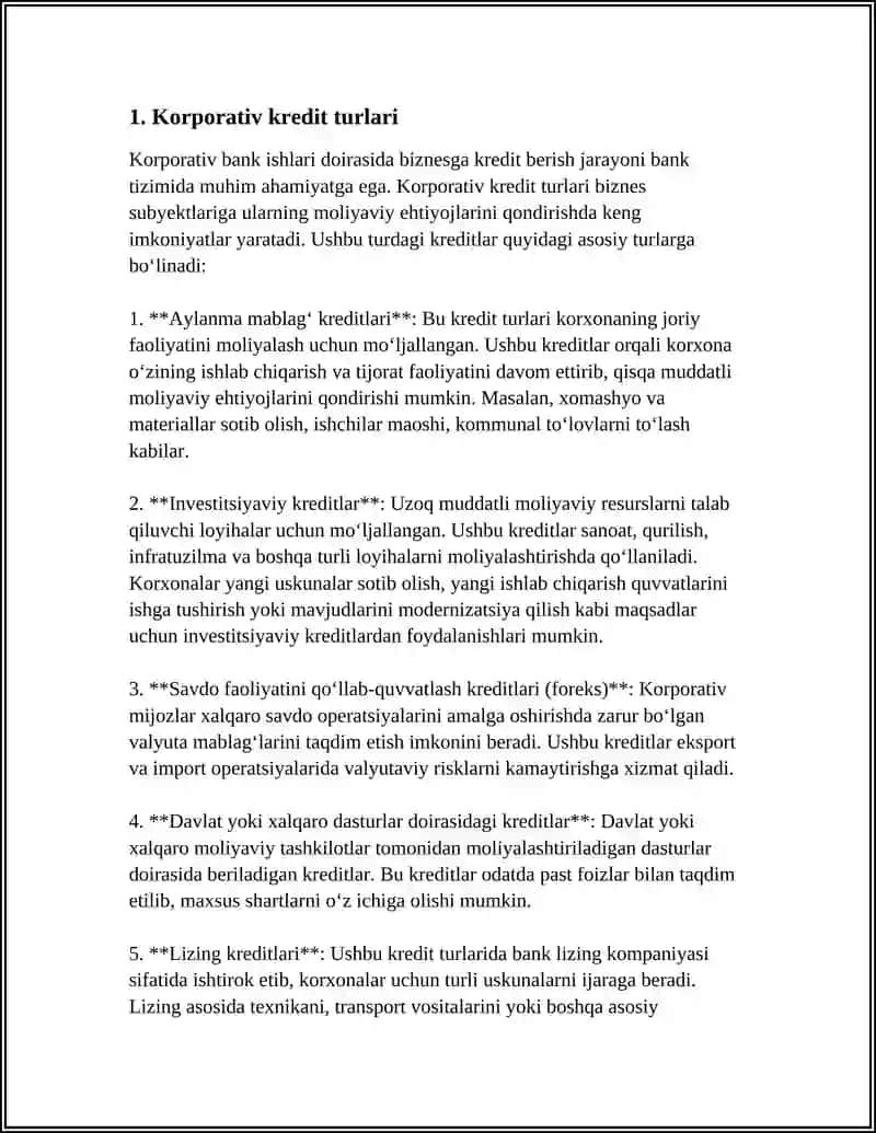 KORPORATIV BANK ISHLARI: BIZNESGA KREDIT BERISH 3