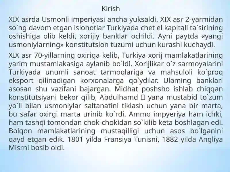 XIX asrning oxiri - XX asr boshlarida Usmonli davlati 3