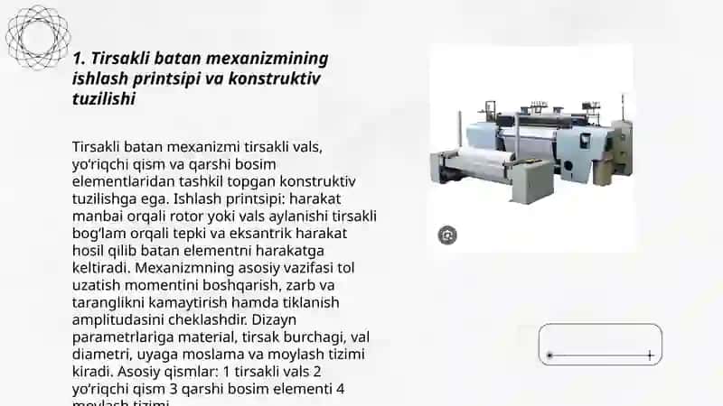 Zamonaviy toʻquv dastgohlarda tirsakli va kulochokli batan mexanizmlari 3