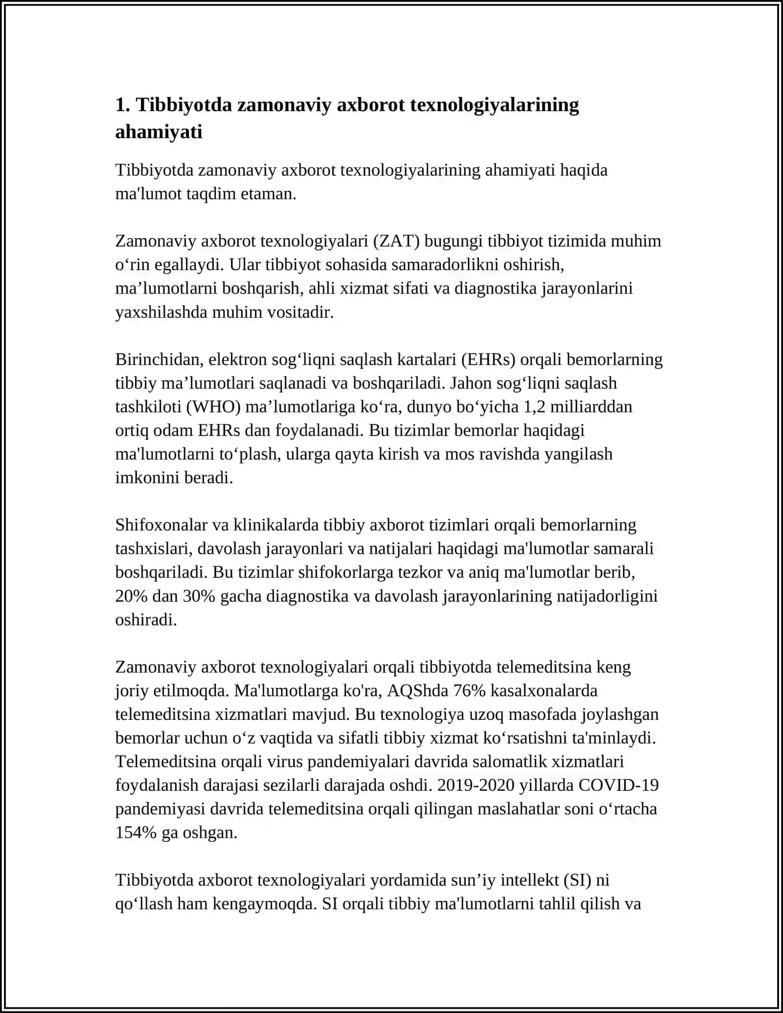 ZAMONAVIY AXBOROT TEXNOLOGIYALARIDAN BUGUNGI KUNDA FOYDALANISH DARAJASI ULARNI TIBBIYOTNING TURLI SOXALARIDA MAʼLUMOTLAR TOʻPLASHDA DIAGNOSTIKA VA DAVOLASHDA TUTGAN OʻRNI 3