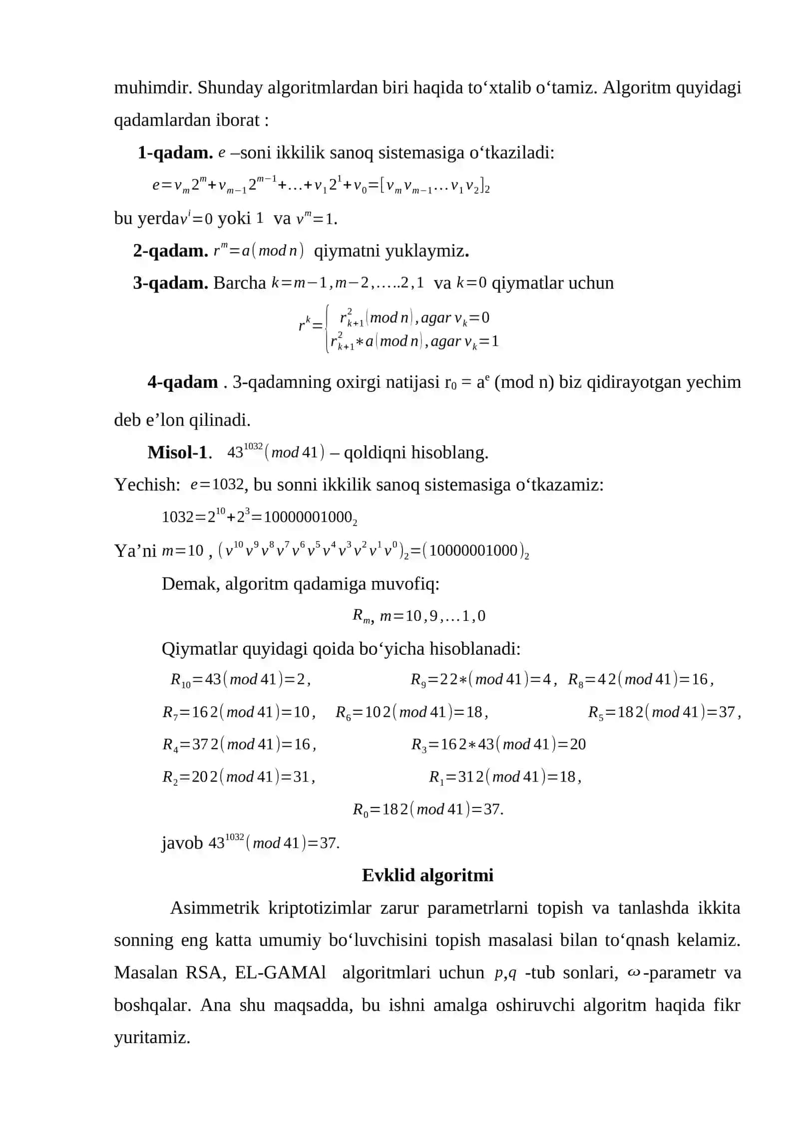 Modulyar arifmetika. Evklid va kengaytirilgan Evklid algoritmi hamda ularning dasturiy ta’minotini ishlab chiqish 3