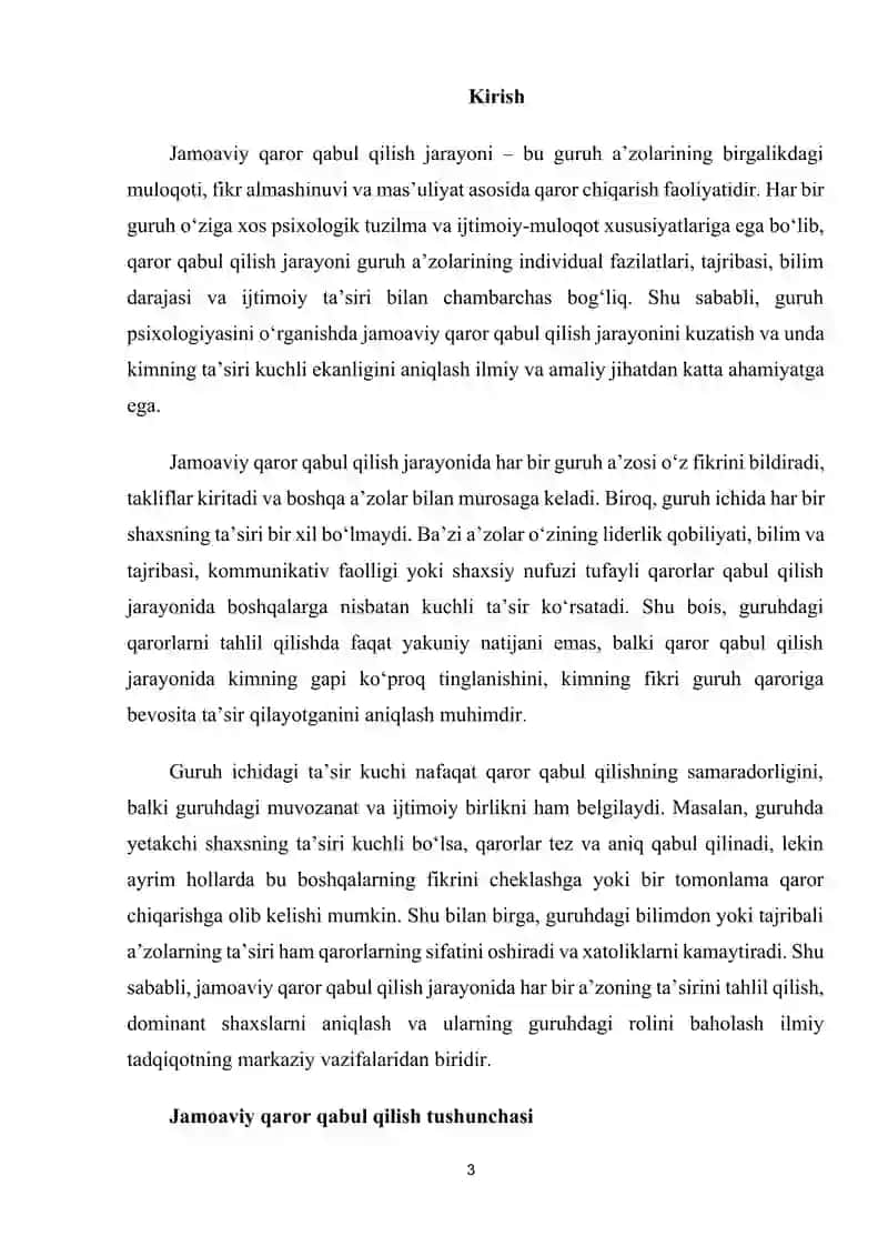 Guruhdagi jamoaviy qaror qabul qilish jarayonini kuzatib,kimning ta'siri kuchli bo'lganini aniqlang 3