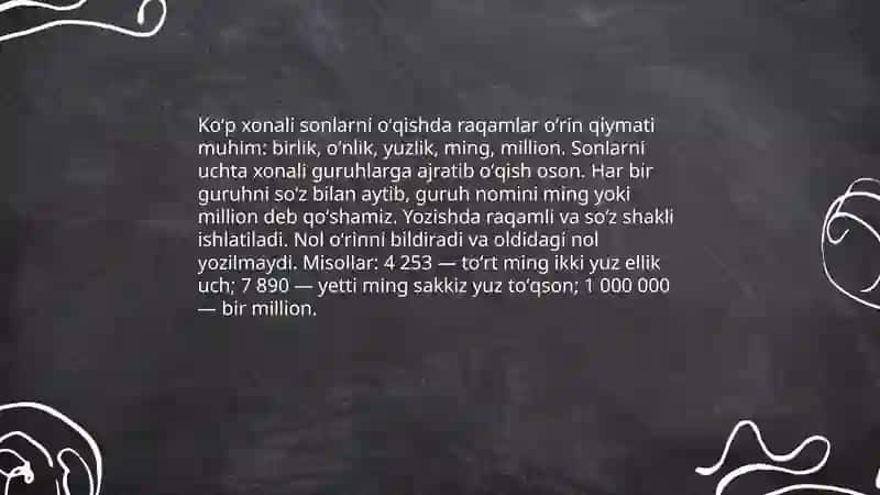Koʻp xonali sonlar ustida ishlash va ular ustida arifmetik amallar bajarishni oʻrganish 3