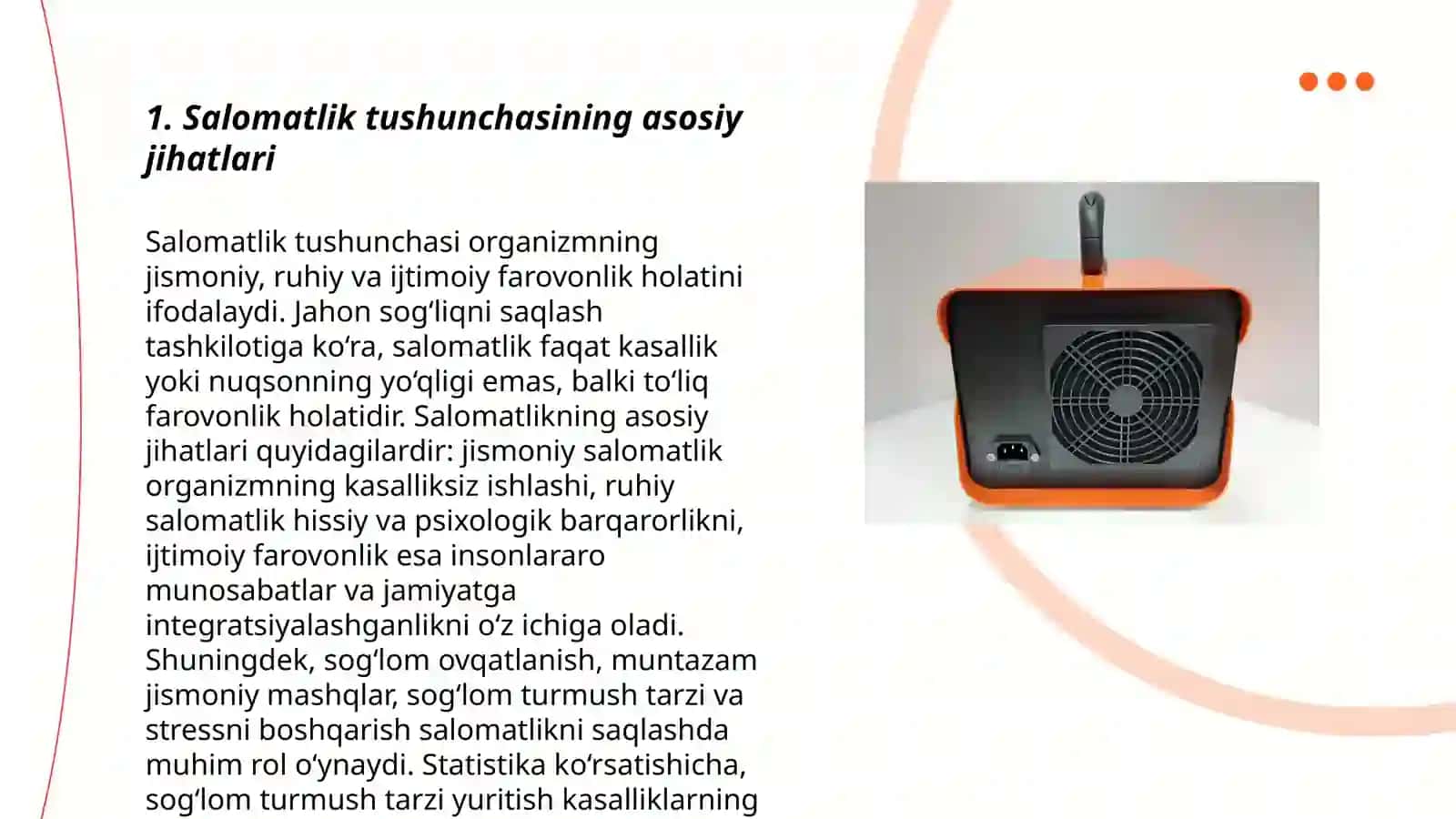 Salomatlik tushunchasi salomatlika tasir etuvchi omillar xavsizlik qoidalariga rioya qilish 3