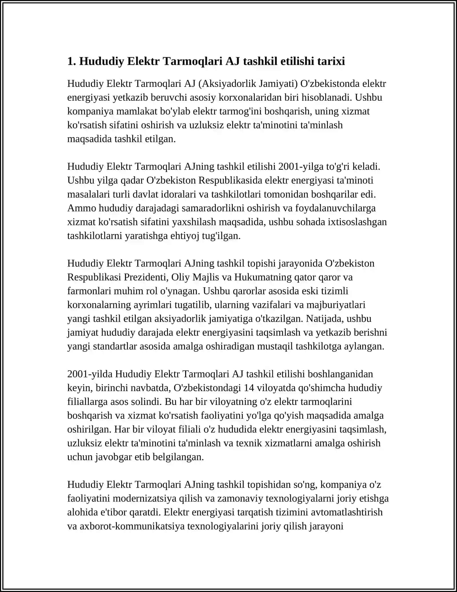 HUDUDIY ELEKTR TARMOQLARI AKSIYADORLIK JAMIYATI TARIXI STRUKTURASI MOLIYAVIY FAOLIYATI 3