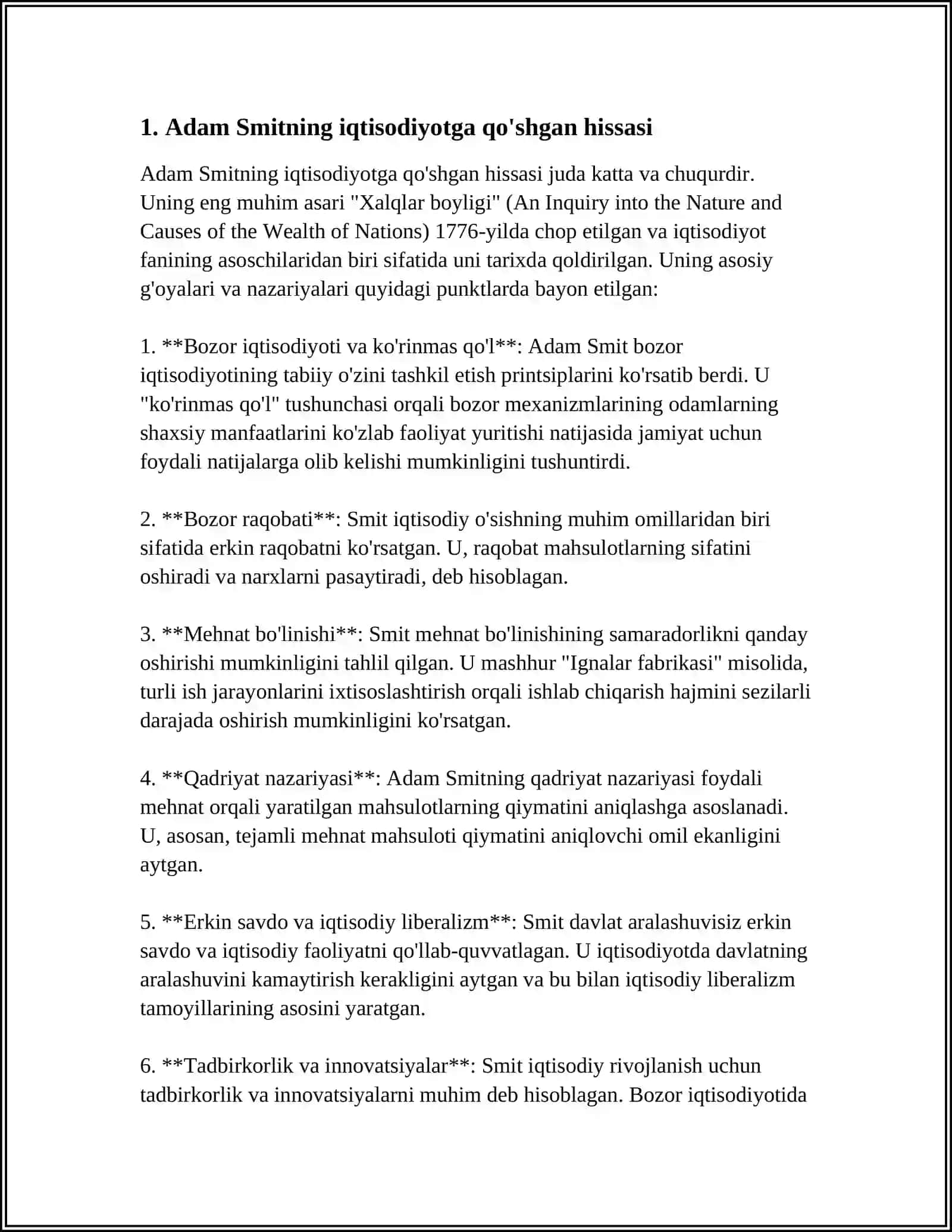 Adam Smitning iqtisodiyotga qo'shgan hissasi 3