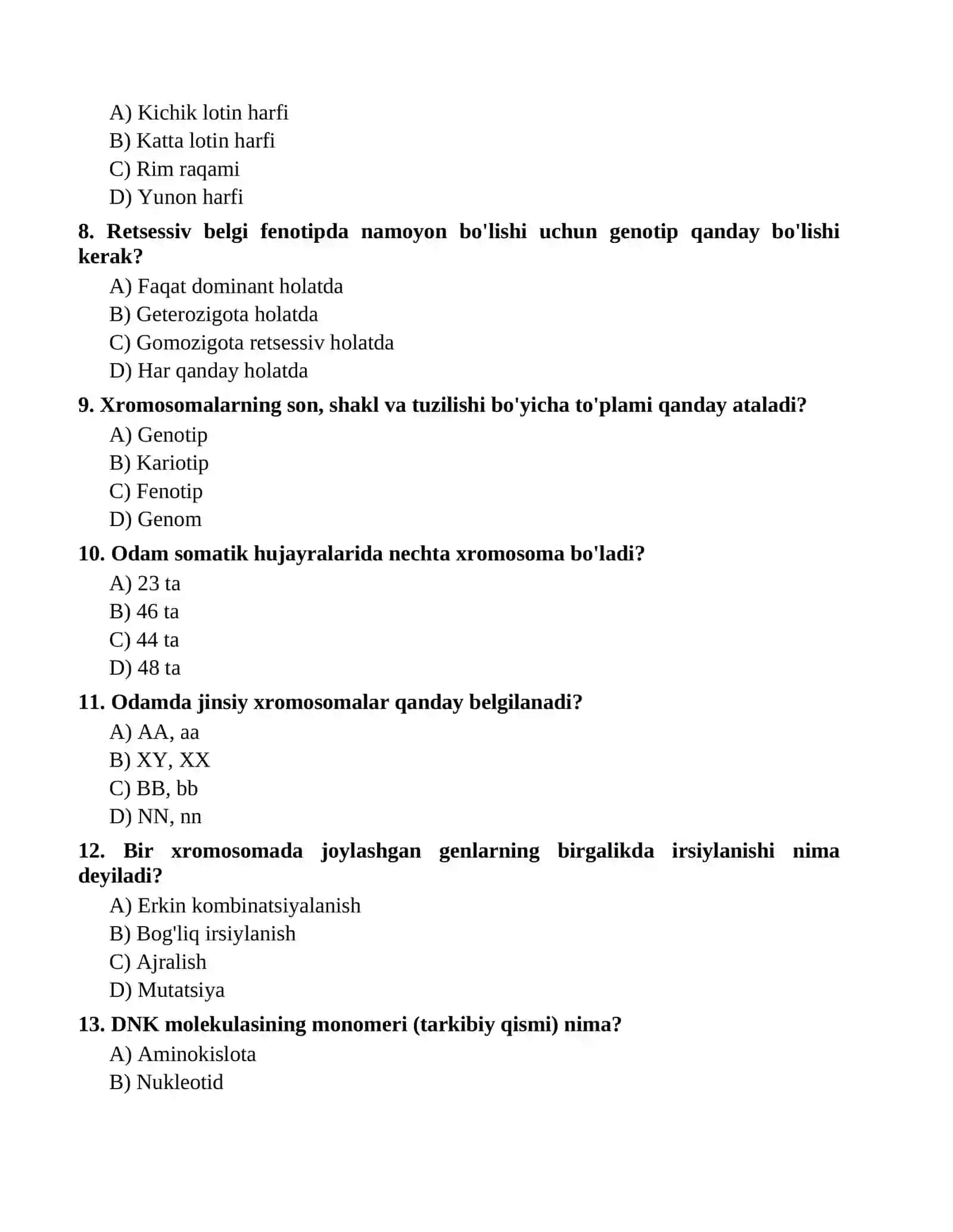 11-sinf Biologiya fanidan mavzulashtirilgan 150 ta variantli test savollari javoblari bilan 3