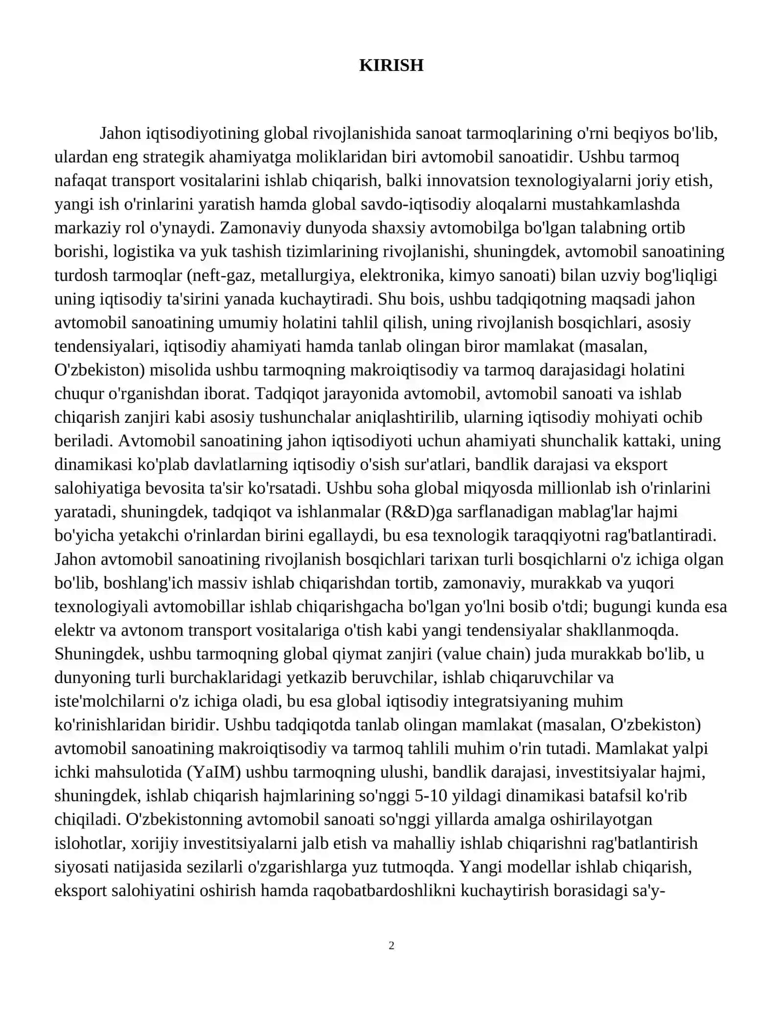 Jahon mamlakatlari (biror mamlakat misolida) avtomobil sanoati 3