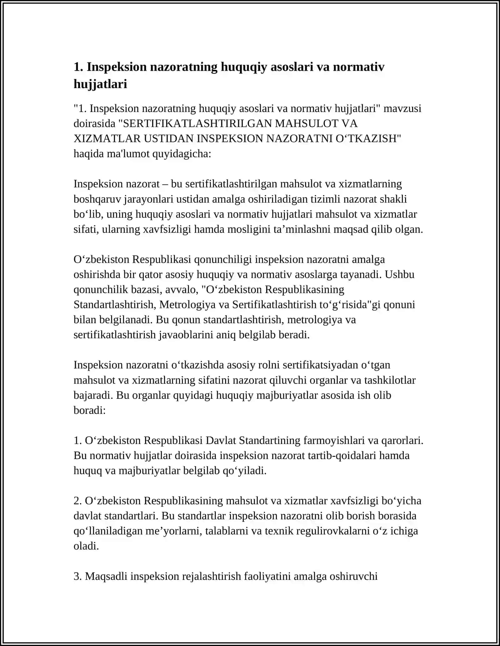 SERTIFIKATLASHTIRILGAN MAHSULOT VA XIZMATLAR USTIDAN INSPEKSION NAZORATNI O'TKAZISH 3
