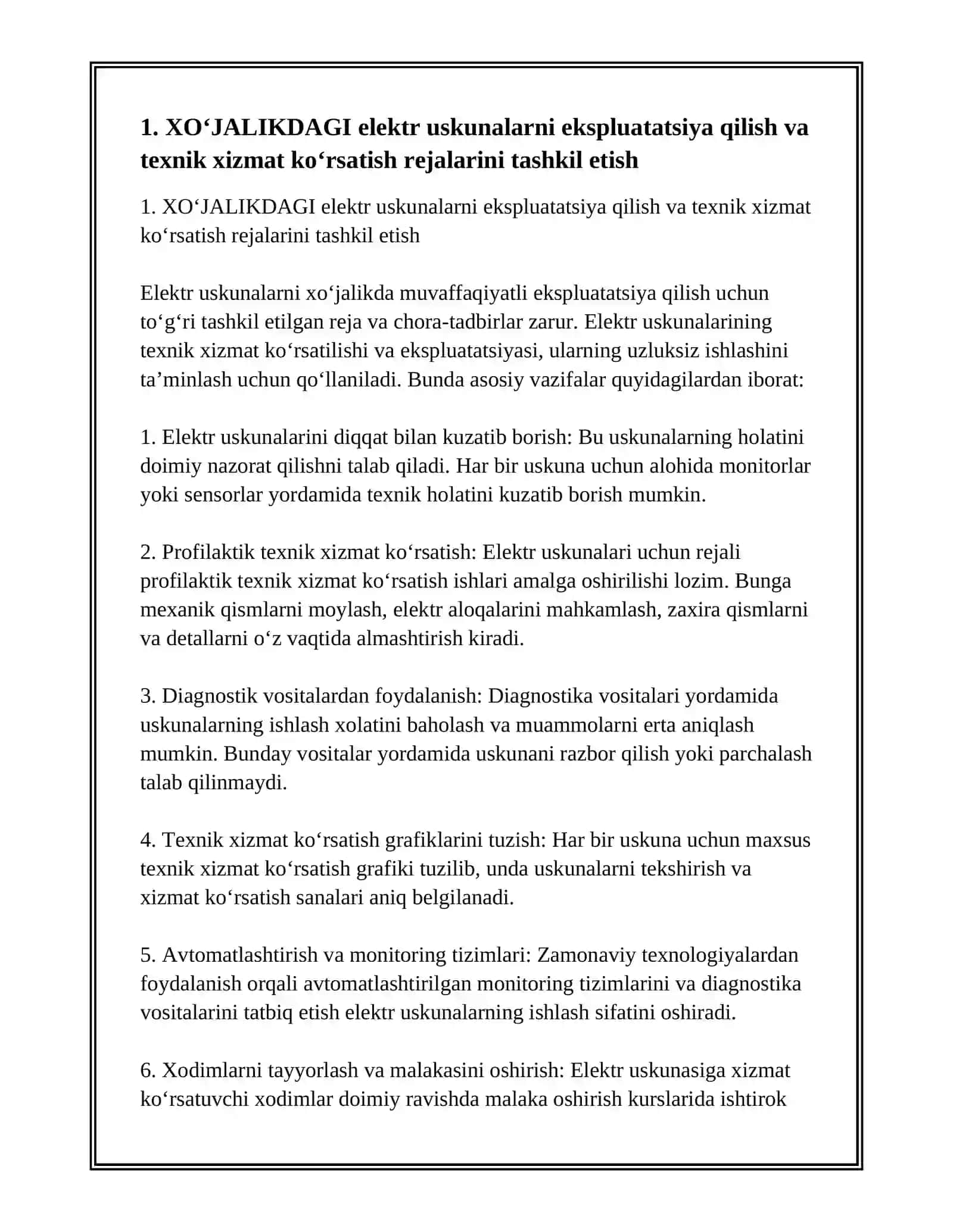 XO‘JALIKDAGI ELEKTR USKUNALARDAN FOYDALANISH VA TA’MIRLASHNI TASHKIL ETISH 3