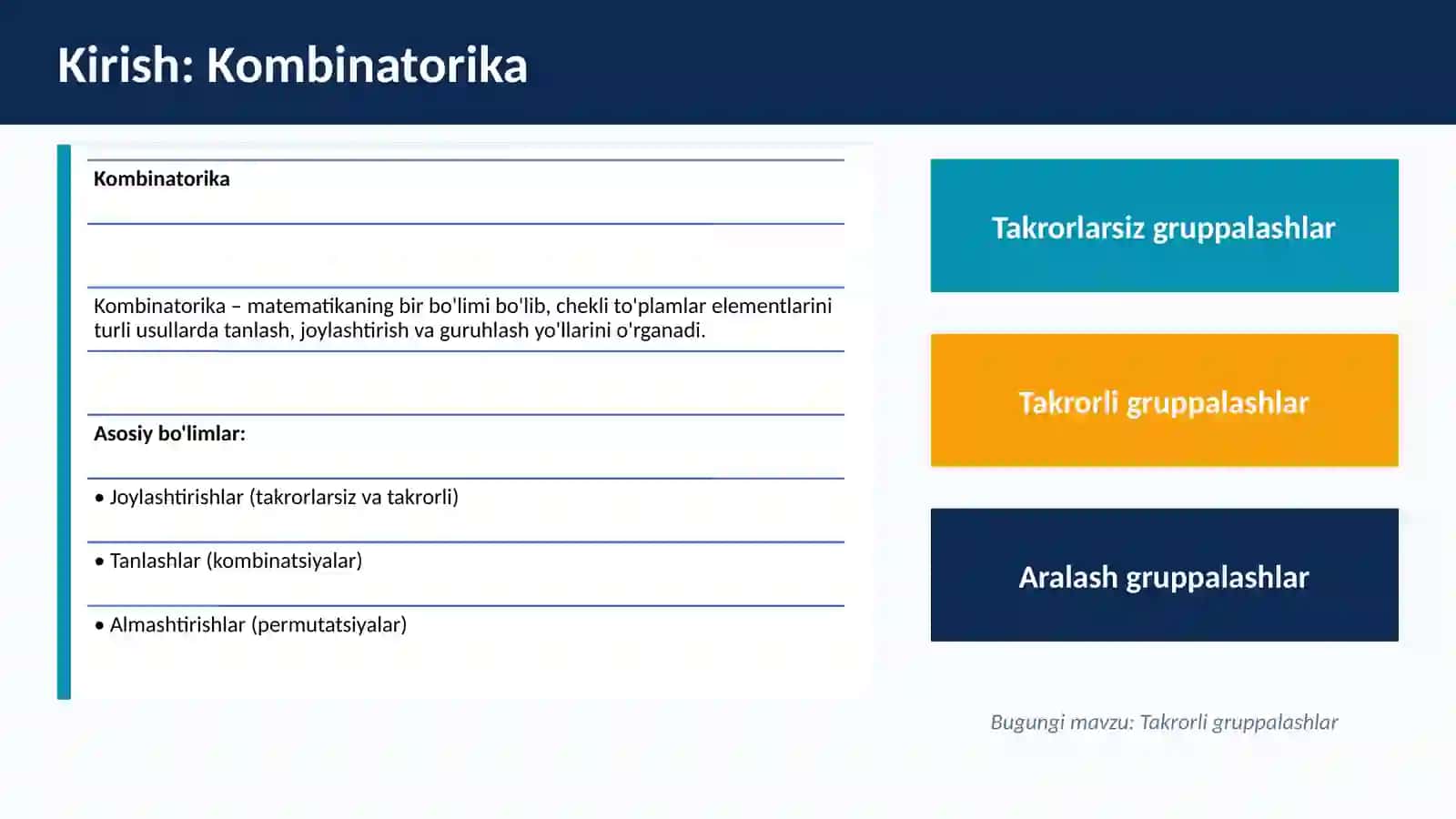 Takrorli Gruppalashlar haqida umumiy malumot. Takrorli gruppadoshlar xossalari 3