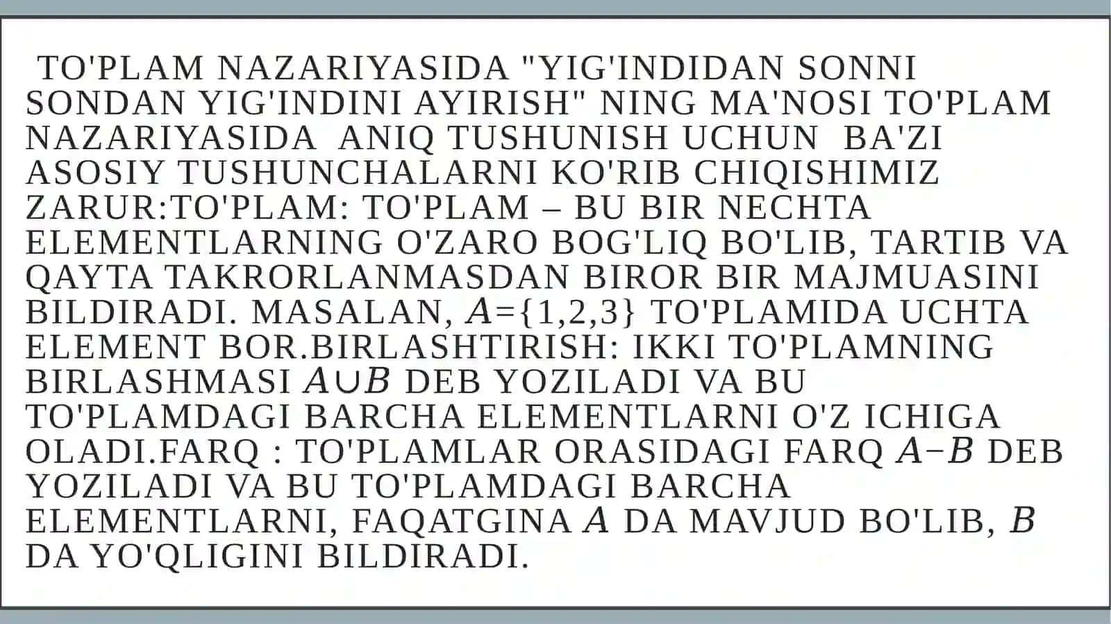Yig’indidan sonni va sondan yig’indini ayirish qoidalarining to’plamlar nazariyasi 3
