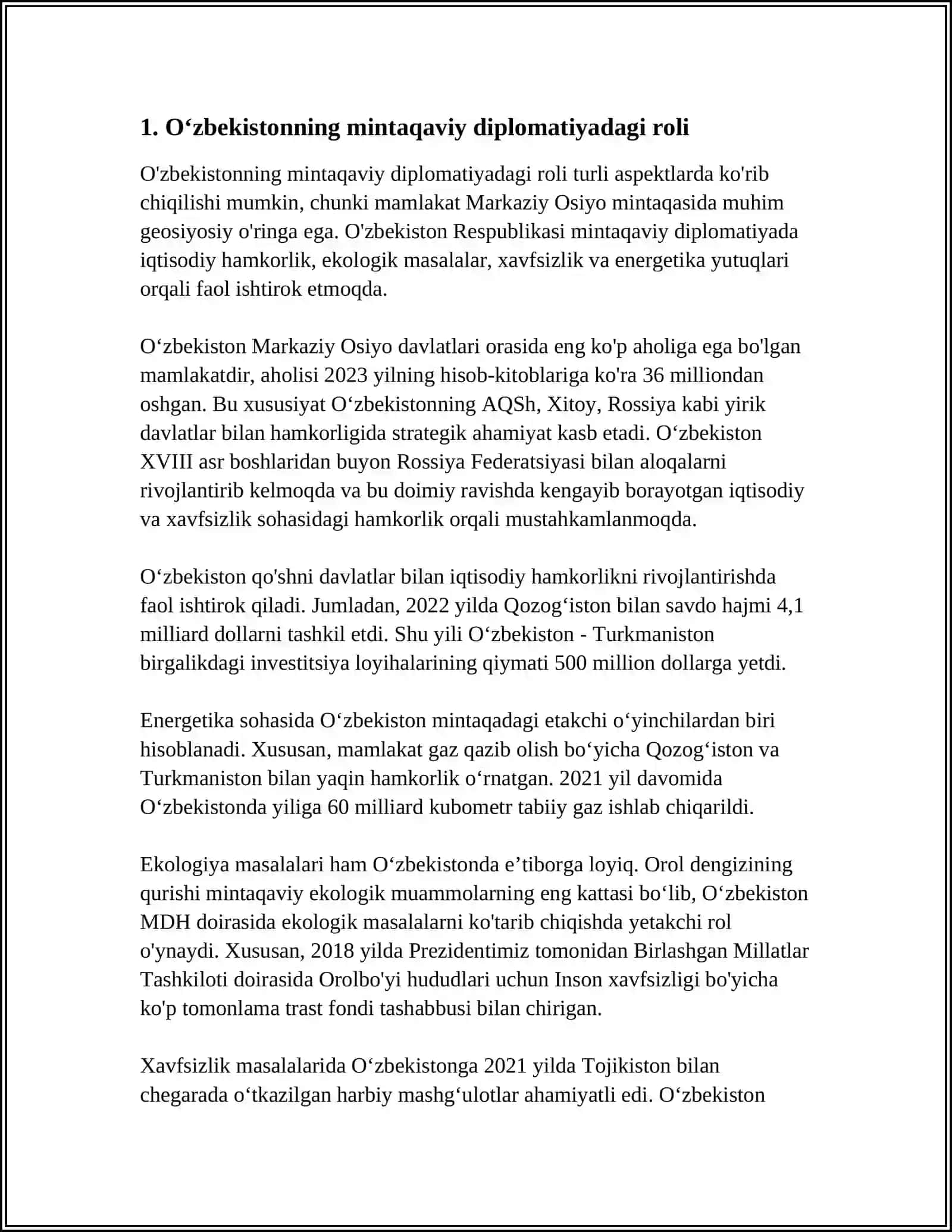 OʻZBEKISTONNING MARKAZIY OSIYODA TINCHLIK VA BARQARORLIKNI TAʼMINLASHDAGI OʻRINI 3