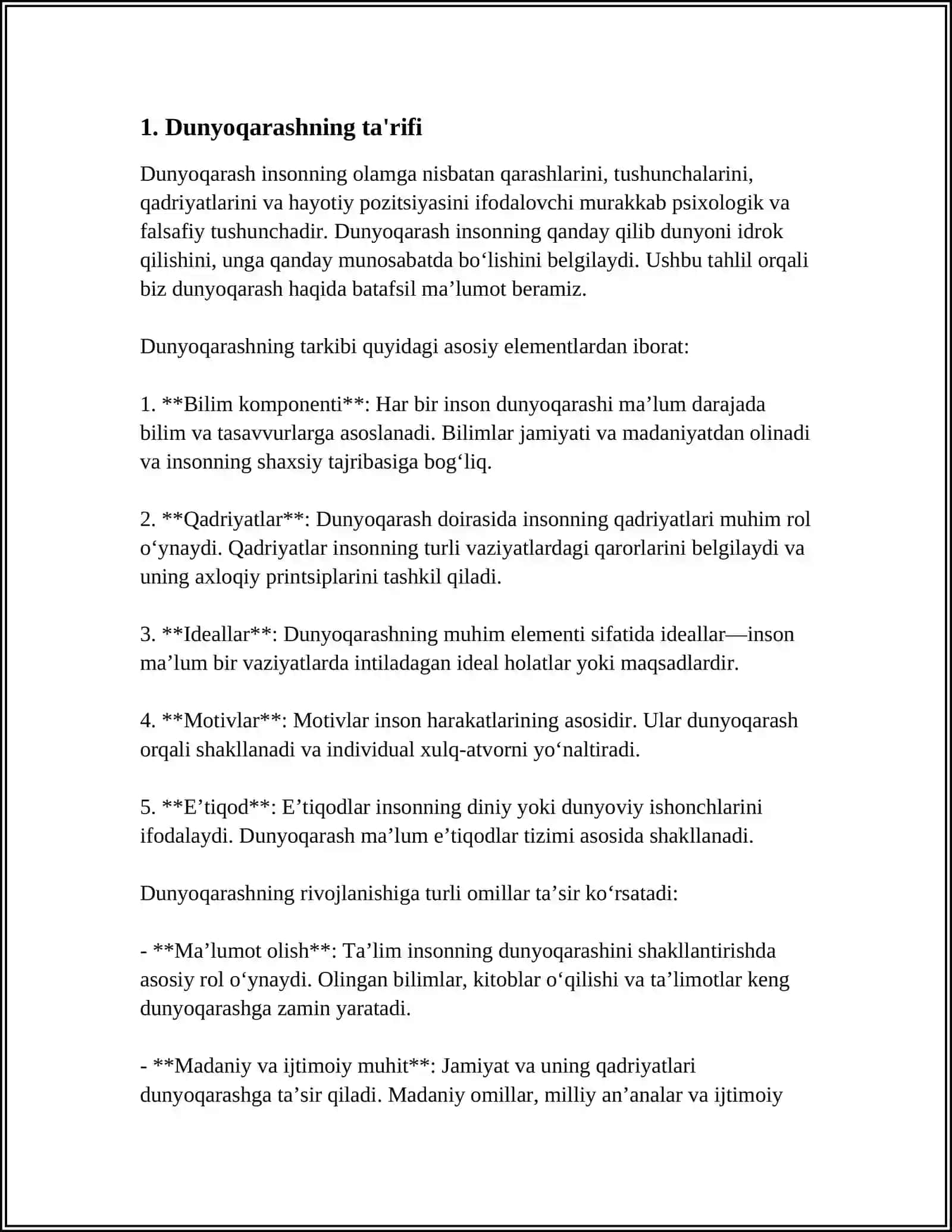 DUNYOQARASHNING MOHIYATI, TUZILISHI VA ASOSIY FUNKSIYALARI 3
