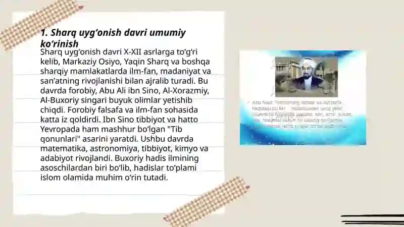 Sharq uygʻonish davrida pedagogik fikrlar taraqqiyoti Al-Xorazmiy, Al-Forobiy, Abu Rayhon Beruniy, Abu Ali ibn Sinoning taʼlim tarbiyaga qarashlari 3