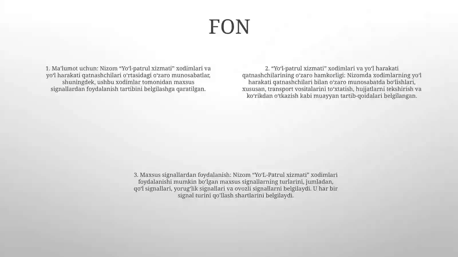 Yo’L-Patrul Xizmati Xodimlarining Yo’L Harakati Qatnashchilari Bilan O’Zaro Munosabatlari Hamda Maxsus Moslamalardan Foydalanishi Tartibi To’Grisidagi Nizomni TasdiklashHaqida 3