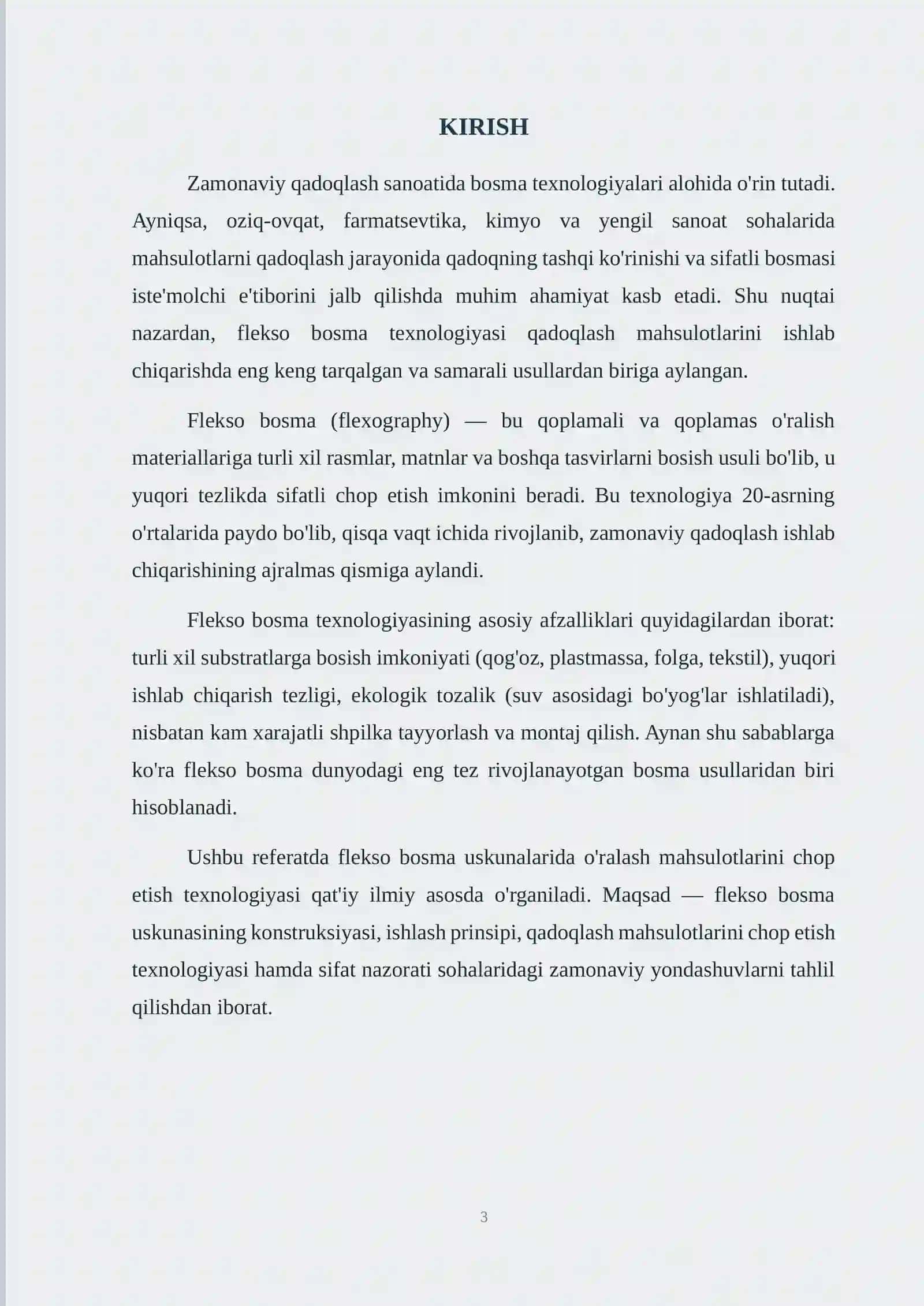QADOQLASH MAHSULOTLARI TEXNOLOGIYASI FANI BO'YICHA FLEKSO BOSMA USKUNALARIDA O'RALASH MAHSULOTLARINI CHOP ETISH Referat 3
