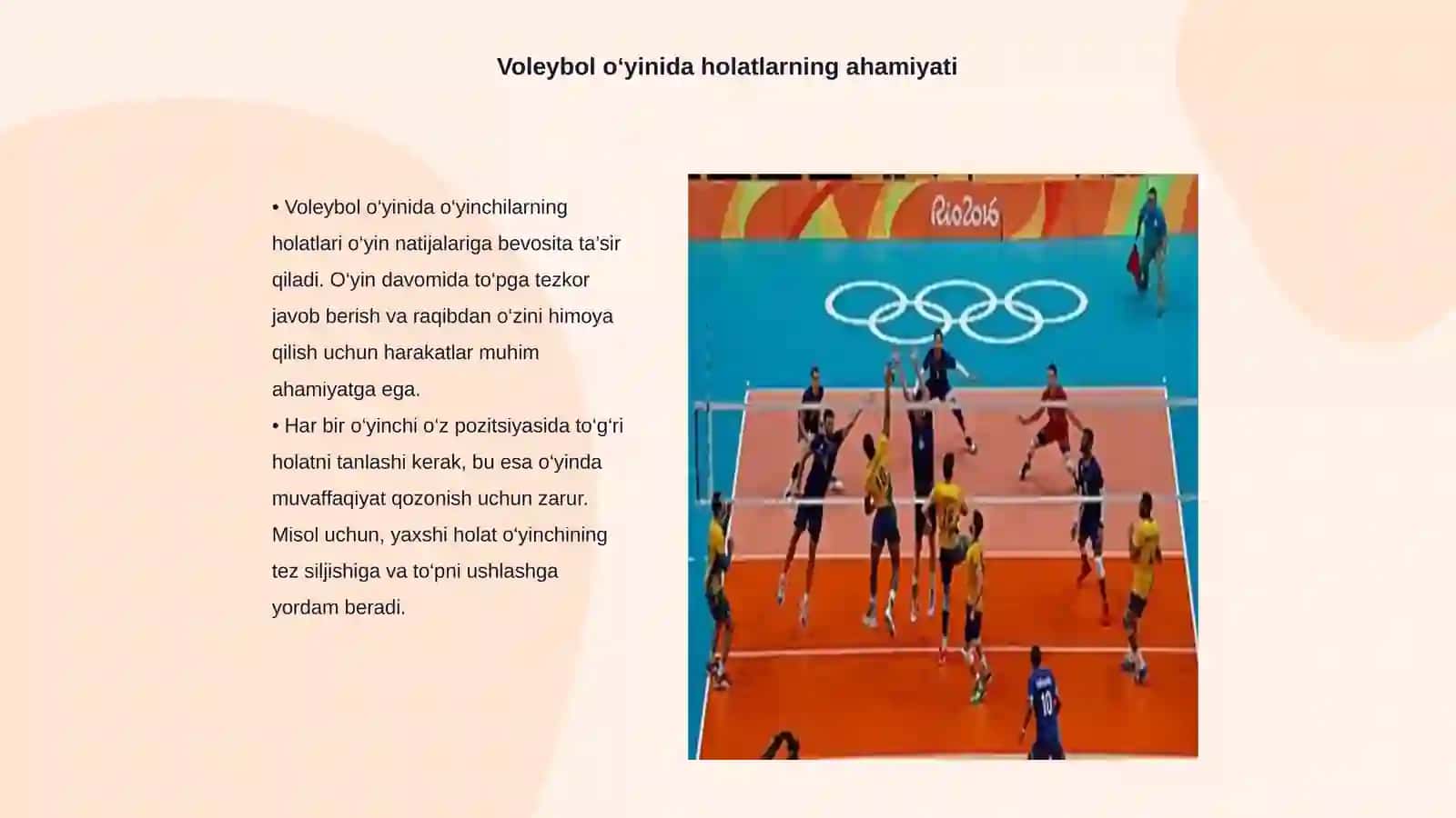 Voleybol o‘yinida holatlar va harakatlanishlar (turish, siljish, sakrash, to‘xtash, burilish) texnikasini o‘rgatishni 3