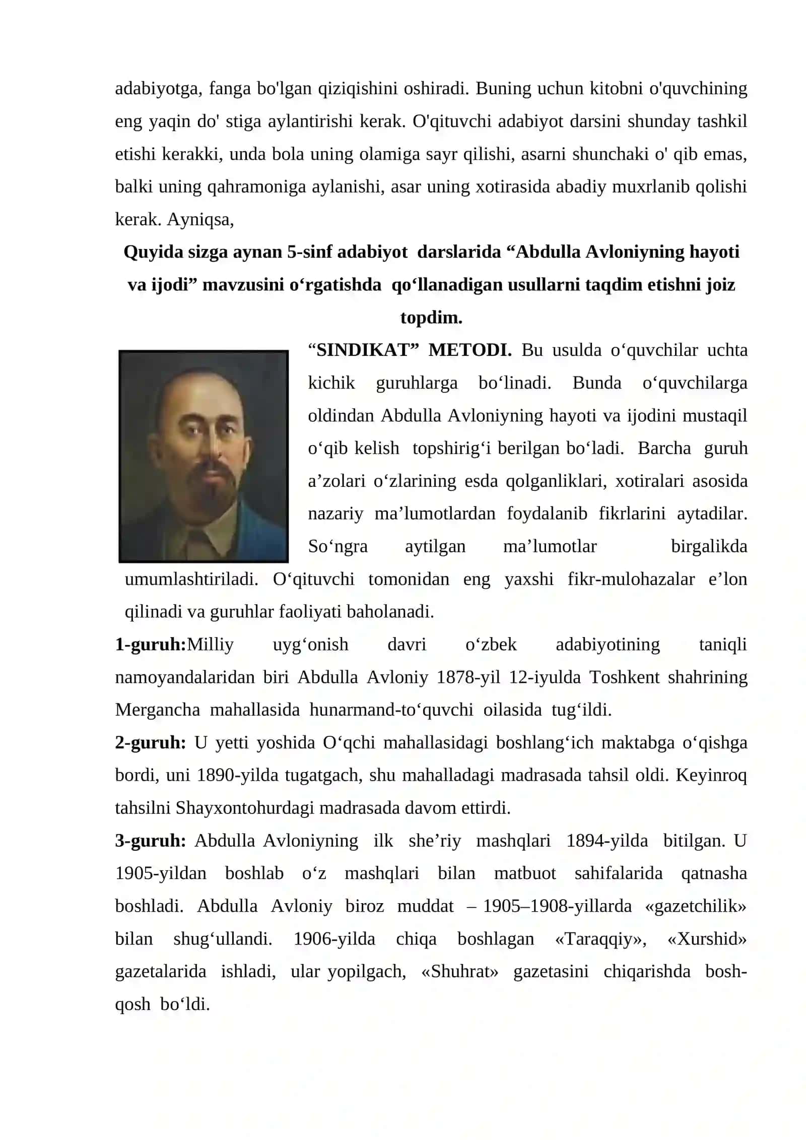 5-sinf Adabiyot fanidan Abdulla Avloniy hayoti va ijodi dars ishlanma 3