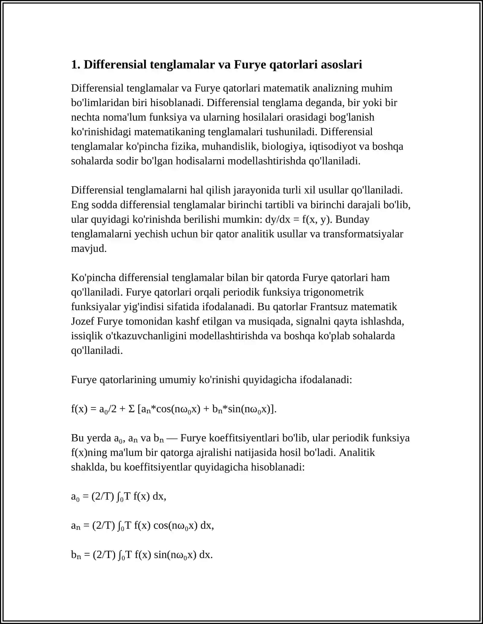 DIFFERENSIAL TENGLAMALARNI YECHISHDA FURYE QATORLARINING QO‘LLANILISHI 3